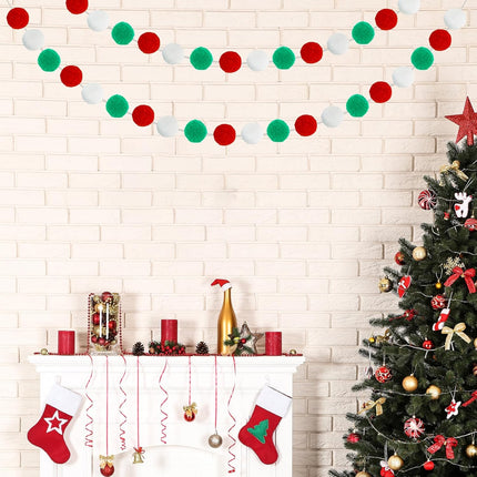 Vuzvuv 2 Pieces 6 Red Green White 1.6" Large Pom Pom Ball Garlands, 6.6 Ft Long 20 Pompom Balls Garland for Wall,Home,School,Classroom,Christmas Tree Decoration and Party Decor