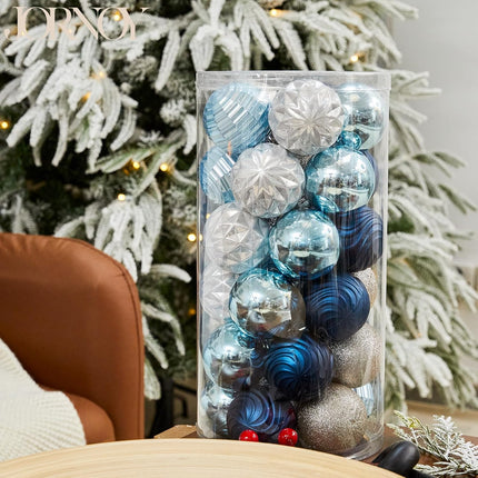 Christmas Ornaments Decorations 30ct Xmas Tree Balls Baubles Sets Decor, Shatterproof, Blue & Silver(2.36in)