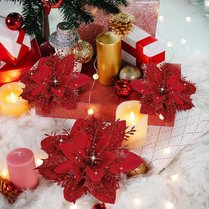 15 PCS Poinsettia Flower Artificial Poinsettia with Clips Christmas Decor Glitter Poinsettia Christmas Ornaments Christmas Tree Flower Decorations with Stems DIY Xmas Wreath Holiday Home Party Decor