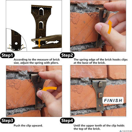 Brick Hook Clips (4 Pack) - Require More Than 1/8” Brick Wall Cement Gap Fits 2-1/4 to 2-2/5 Inch Bricks Outdoor Brick Hangers Wall Clips for Hanging - Mounting to Brick Without Drilling