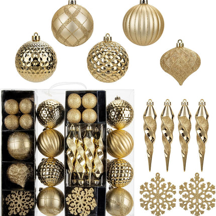 50PCS Christmas Tree Ornaments Set with Shatterproof Christmas Balls Icicle Snowflake Hanging Ornaments for Home Office Farmhouse Christmas Decorations, Gold