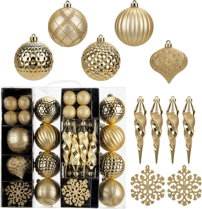 50PCS Christmas Tree Ornaments Set with Shatterproof Christmas Balls Icicle Snowflake Hanging Ornaments for Home Office Farmhouse Christmas Decorations, Gold