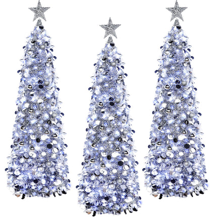 Jenaai 3 Pcs Pop up Christmas Tree 5ft Tinsel Pencil Christmas Tree with LED String Light Silver Balls Tree Star Topper Artificial Collapsible Christmas Tree Ornaments for Xmas Holiday Party Decor