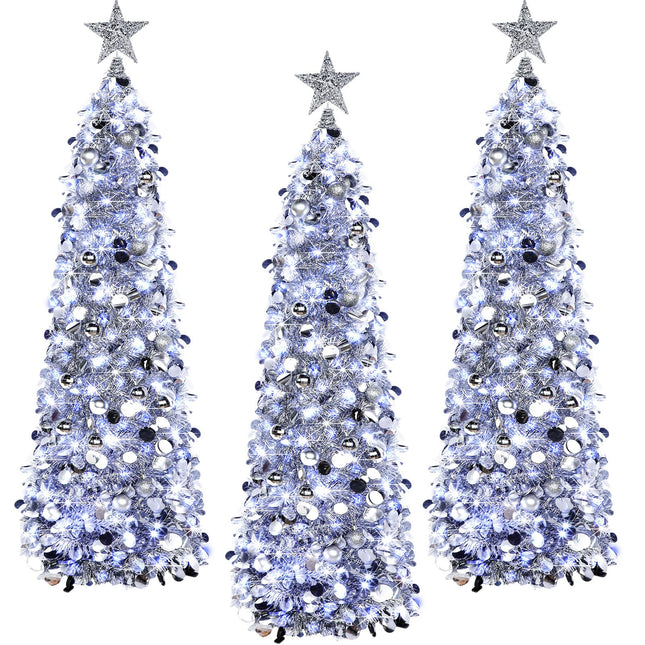 Jenaai 3 Pcs Pop up Christmas Tree 5ft Tinsel Pencil Christmas Tree with LED String Light Silver Balls Tree Star Topper Artificial Collapsible Christmas Tree Ornaments for Xmas Holiday Party Decor