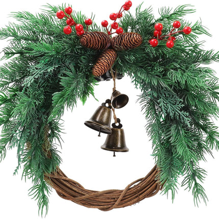 Christmas Wreath with Boho Bells - 20 Inch Farmhouse Christmas Artificial Pine Wreaths for Front Door - Winter Rattan Door Wreath with Pine Cone for Christmas Decor
