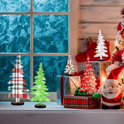 BBTO 5 Pcs Christmas Decorations Wooden Christmas Tree Table Decor Rustic Decorative standing Christmas Tree Centerpiece Xmas Winter Tiered Tray Decor for Home Shelf
