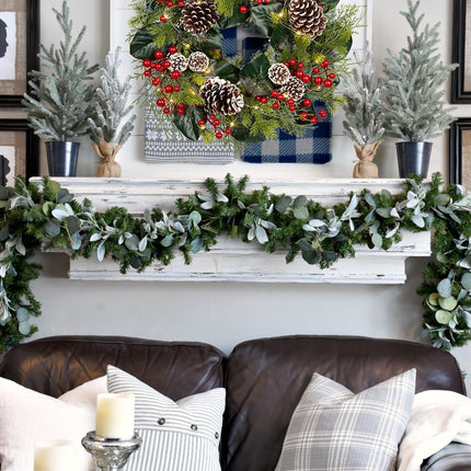 Christmas Wreath 20 Inch Outdoor Lighted Christmas Wreath with Red Berries and Flocked Pine Cones LED Xmas Wreath for Front Door Winter Holiday Christmas Party Decorations