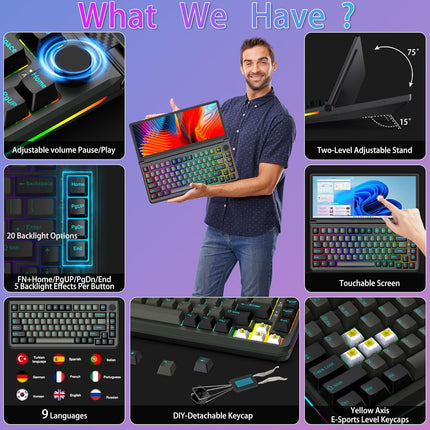 Kwumsy K3 Touchscreen Gaming Mechanical Keyboard -13"Portable Multifunctional Split Keyboard, US 82Keys RGB LED Backlit N-Key Compact Keyboard, Plug and Play for Windows Mac,75° Foldable Screen Angle.