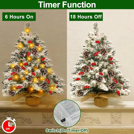 24 Inch Flocked Christmas Tree with 30 Warm Lights Timer, Mini Tabletop Christmas Tree Battery Operated 42 Red Berry Pinecone Burlap Base Small Christmas Tree Xmas Christmas Decorations Indoor Home
