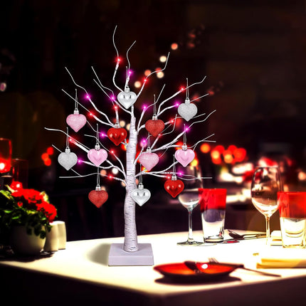 [Timer] 2 Pack 24 Inch Valentines Day Decor Tree with 24 Red Pink LED Lights and Heart Ornaments, USB/Battery Operated Valentines Decoration Tree Light, Valentines Day Decorations Home Table Bedroom