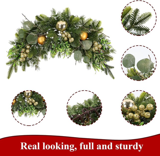 HEBE Christmas Swags 25" Artificial Christmas Decorative Swag Xmas Mailbox Swag Christmas Wreath with Red Berries Pine Cone Farmhouse Christmas Hanging Decorations for Indoor Outdoor Use