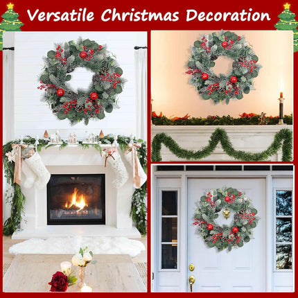 22 Inch Christmas Wreath Christmas Wreaths for Front Door Artificial Winter Wreath with Red Balls Holly Berries Pine Cones and Eucalyptus Leaves for Xmas Holiday Wall Fireplace Porch