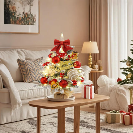 Mini Christmas Tree,22 Inches Artificial Tabletop Christmas Tree with 50 Lights(8 Modes),Snow Flocked Small Christmas Tree with DIY Ornaments Balls Bowknot for Christmas Decor Home Indoor