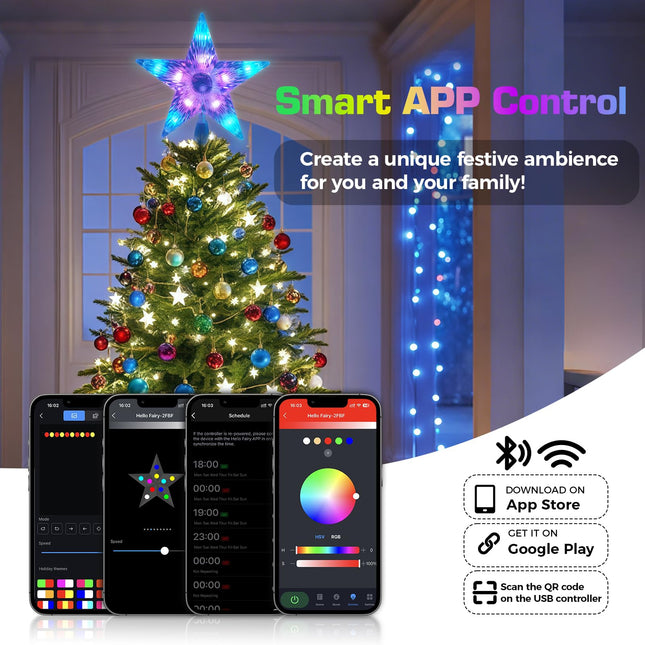 Christmas Tree Topper Star, RGB 7.6’’ 10 Replaceable Bulbs w/Remote & APP DIY Color Changing USB Powered LED Lighted Tree Top Star for Xmas Trees Holiday Party Decorations