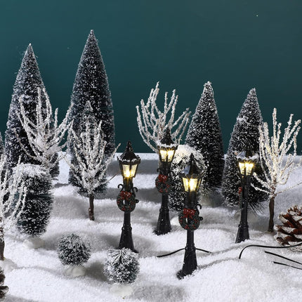 20 Pieces Mini Christmas Tree Snow Covered Branch Village Tree Artificial Christmas Village Displays Tree with Christmas Lamp Post Lantern for Christmas Winter House Holiday Decor