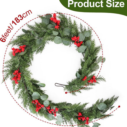 6ft Artificial Christmas Cedar Garland with Eucalyptus Leaves, Red Berries Winter Greenery Garland Decor for Home, Fireplace, Wall, Porch, Table, Mantle, Indoor Outdoor Decoration
