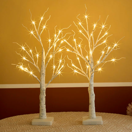 Birch Tree with LED Lights for Christmas Decor, Battery Operated/USB Powered Lighted Birch Tree, 2FT Warm White Artificial Light up Christmas Tree for Indoor Table Fireplace Decoration(Timer, 2 Pack)
