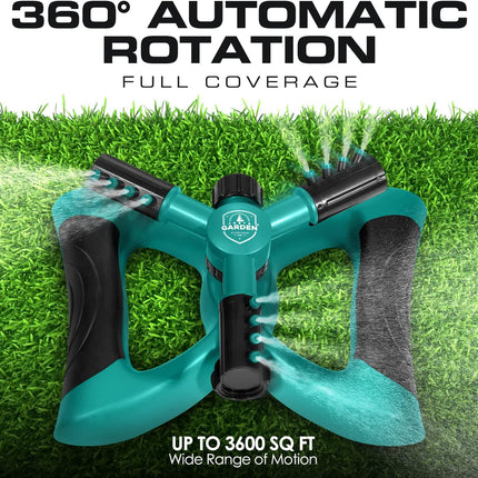 Joeys Sprinkler for Yard, Rotating Garden Sprinkler with 3 Adjustable Arms, Weighted Base, Expandable Connection, Lawn and Yard Sprinklers (Green)
