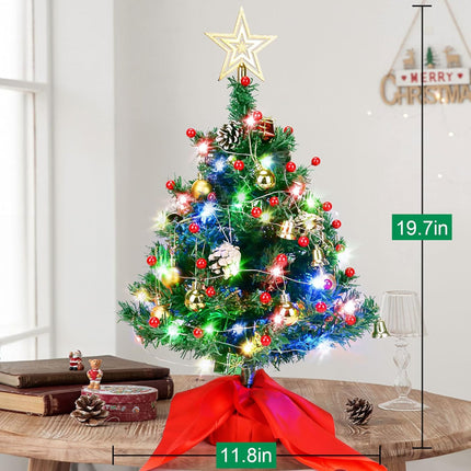 20" Tabletop Mini Christmas Tree, Artificial Small Xmas Tree Decor with 50 LED String Lights,Star, Holly Berries, Ornaments and Wooden Base for Holiday Season Decorations Christmas DIY