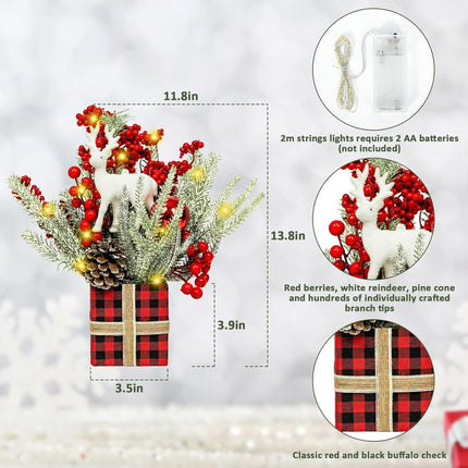 Small Christmas Tree with Lights, Tabletop Christmas Tree, Mini Christmas Tree with Red Berries Pine Cone for Home Decor Indoor Artificial Christmas Table Decorations
