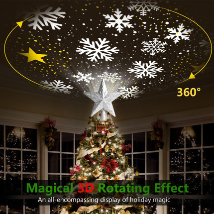 Christmas Tree Topper Lighted with 360° Rotating Projection - [6 Festive Patterns, Adjustable Projection Range] Christmas Star Tree Topper with Snowflakes Reindeer for Party Holiday Decor - Silver