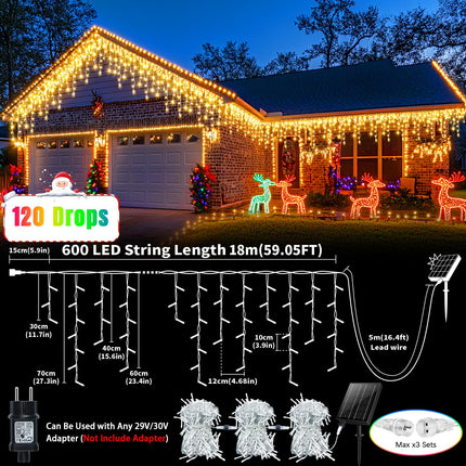 Solar Icicle Lights Christmas Decorations 60+16Ft 600 LED Christmas Lights Outdoor Waterproof 2400mAH Connectable Rechargeable Dimmable Remote 8 Modes Twinkle Curtain Light for Halloween Balcony Patio