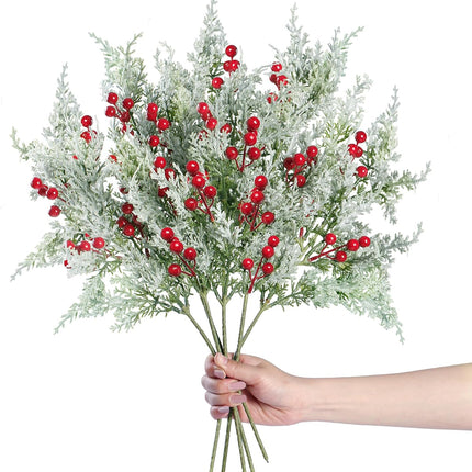 Sggvecsy 6 Pack Snowy Artificial Pine Branches Frosted Faux Cedar Spray with Red Berries 19’’ Greenery Cedar Picks Christmas Cedar Stems for DIY Garland Wreath Xmas Embellishing Garden Home Decoration