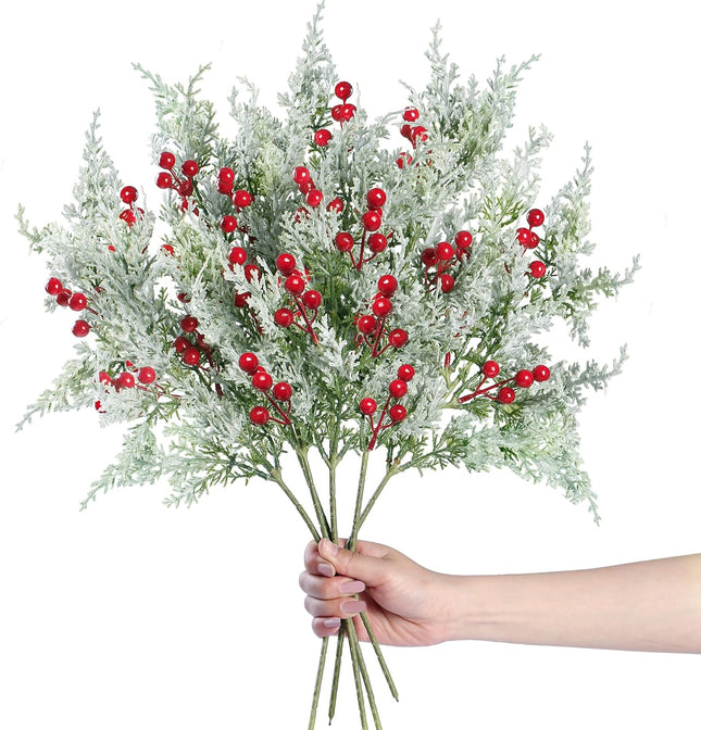 Sggvecsy 6 Pack Snowy Artificial Pine Branches Frosted Faux Cedar Spray with Red Berries 19’’ Greenery Cedar Picks Christmas Cedar Stems for DIY Garland Wreath Xmas Embellishing Garden Home Decoration