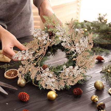 Cindeer 80 Pcs Christmas Glitter Berries Stems Pine Needles Christmas Artificial Picks Fake Floral Twig Spray for Xmas Tree Ornaments DIY Wreath Garland Decorations(Champagne Gold)