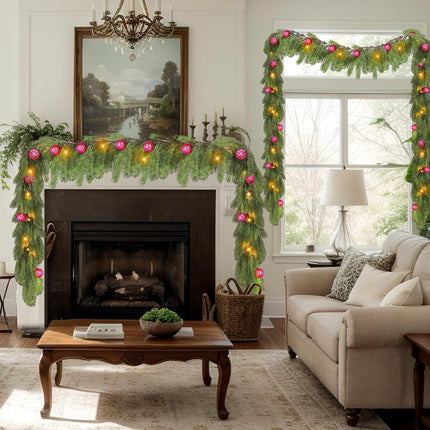 Ceenna 6.2FT Pre Lit Christmas Cedar Garland with Lights Artificial Pine Garland Christmas Decorations with Ball Ornaments,8 Modes Timer Battery Operated for Outdoor Indoor(Rose Red)