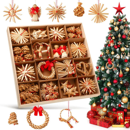 56 Pcs Straw Ornaments Set Scandinavian Christmas Decorations Including Stars Snowflakes Hearts Angel Wreath Goats/Julbuck for Danish Norwegia Nnordic Christmas Tree (Heart)