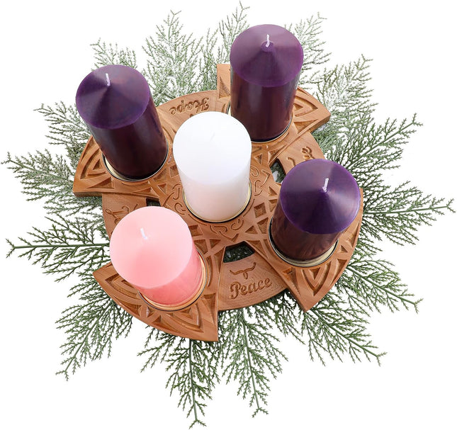 Christmas Advent Wreath Candle Holder with Faith, Joy, Love, Hope Large Celtic Advent Wooden Candle Holder Centerpiece Decor for Home Fireplace Church Suitable for Diameter of 3'' Candles