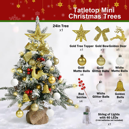 Tabletop Christmas Tree 24 Inch / 2 FT Mini Artificial Christmas Tree with 40 LED Lights, Battery Operated Small Xmas Tree for Indoor Tabletop or Desktop Decoration (White and Gold Ornament Tree)