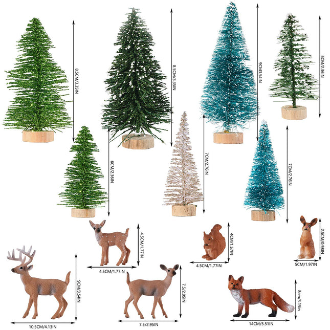 13 Pieces Christmas Mini Forest Animal Figures Trees Kit Woodland Creatures Figurines Animal Cake Toppers Plastic Trees Tabletop Ornaments for Xmas Village Accessories Decoration