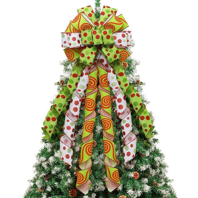 Christmas Tree Topper Wreath Bow Handmade Large Green Christmas Bow Tree Topper, 44"x13" Red Green Dot Bow for Xmas Ornament Holiday Home Decor