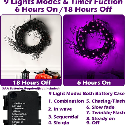 [8 Modes & Timer] 6 Ft 45 LED Halloween Willow Vine Twig Decor Garland Decorations with Purple Lights, Halloween Garland with Battery Operated Waterproof for Home Wall Fireplace Mantle Decorations