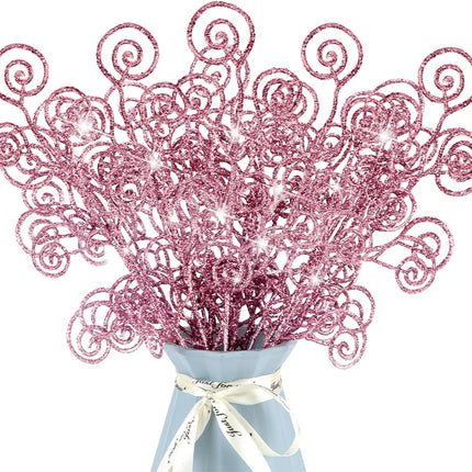 16 Pieces Christmas Tree Picks and Sprays Artificial Glitter Stems Decorative Candy Shape Curly Twigs for Xmas Tree Vase Filler Wreath Making Supplies Holiday Party Home Decor (Pink, 16)