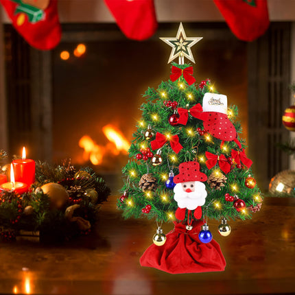 2 Ft Little Tabletop Christmas Trees Led Lights Artificial Pre-Lit Decoration And Ornaments Mini Xmas Decorated Topper Star Bow Miniature Snowman Indoor Small Desktop Potted Balls Battery Operated Set