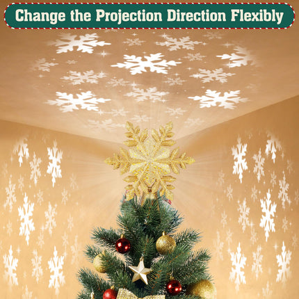 Christmas Tree Topper Lighted with 6 Projection Slides, PliMook Snowflake Christmas Tree Topper LED Rotating 3D Lighted Tree Toppers Glitter Tree Topper Projector for Christmas Tree(Gold)