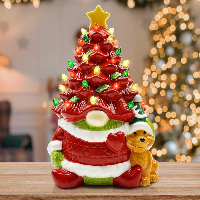 Hexagram Lighted Ceramic Christmas Tree, Christmas Decorations Indoor Red Gnome Mantle Table Decor Christmas Centerpiece, Christmas Decor for Bedroom Living Room Gnome s for Kids Women