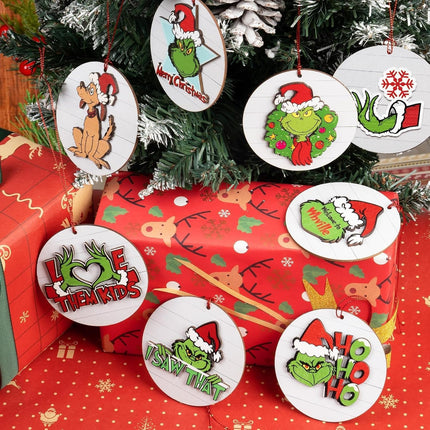Christmas Ornaments Tree Decorations Set - 12pcs Green Wooden Round Ornaments Hanging Decorations for Christmas Tree Home Decor
