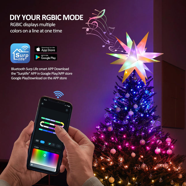 Christmas Star TreeTopper, 9.8" Smart Moravian Star Tree Toppers, Bluetooth App Control LED Christmas Light, Music Sync RGB Color Changing with Remote for Xmas Indoor Outdoor Decorations