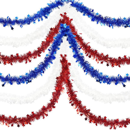 3 Pcs 50 Ft 4th of July Patriotic Garland Tinsel Stars Garland Decorations for Memorial Day 4th of July Outdoor Home Holiday Decor Blue, Red, White