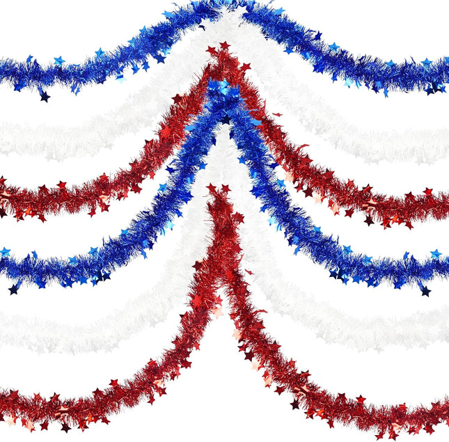 3 Pcs 50 Ft 4th of July Patriotic Garland Tinsel Stars Garland Decorations for Memorial Day 4th of July Outdoor Home Holiday Decor Blue, Red, White