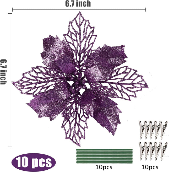 RECUTMS 10 Packs Christmas Glitter Poinsettia Flowers Artificial Christmas Flowers Decorations Wedding Xmas Tree Year Ornaments Xmas Garland Wreath DIY Decorations Supplies(Light Purple)
