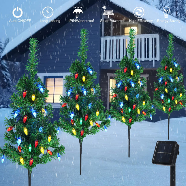 4PCS Solar Christmas Tree for Christmas Decoration Outside Pathway Lights with 80 C6 Multi-Color Lights Water Proof for Garden Yard and Outdoor Christmas Decorations