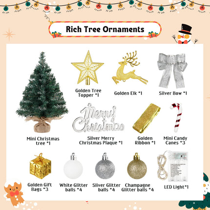 Mini Christmas Tree with 40 LED String Lights 24In/2FT Small Artificial Christmas Tree with 8 Modes Tabletop Fireplace Mantel Table Christmas Decorations Home Indoor Decor