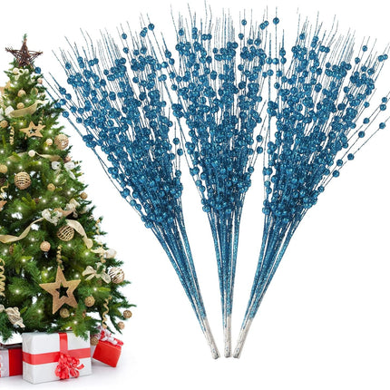 Christmas Artificial Glitter Berry Stem Decorations Decorative Bead Sticks Xmas Picks Glittery Twigs Branches for Christmas Tree Wreath Vase Home Decor Party Ornaments Blue 24 PCS