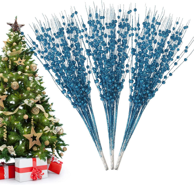 Christmas Artificial Glitter Berry Stem Decorations Decorative Bead Sticks Xmas Picks Glittery Twigs Branches for Christmas Tree Wreath Vase Home Decor Party Ornaments Blue 24 PCS