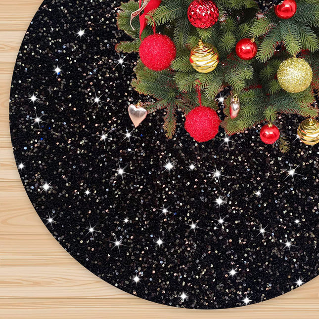 Black Tree Skirt Glittery Christmas Tree Skirts 36 Inch Velvet Round Xmas Tree Skirt for Sequin Tree Skirt Cover for Artificial Trees Sparkle Christmas Tree Skirt for Halloween Party Decor